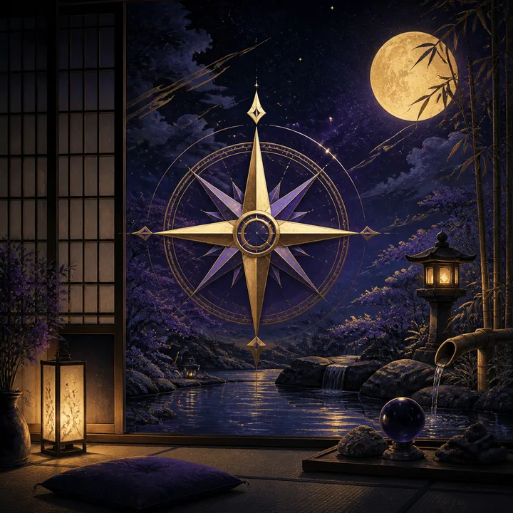 月夜の庭と方位を示す羅針盤