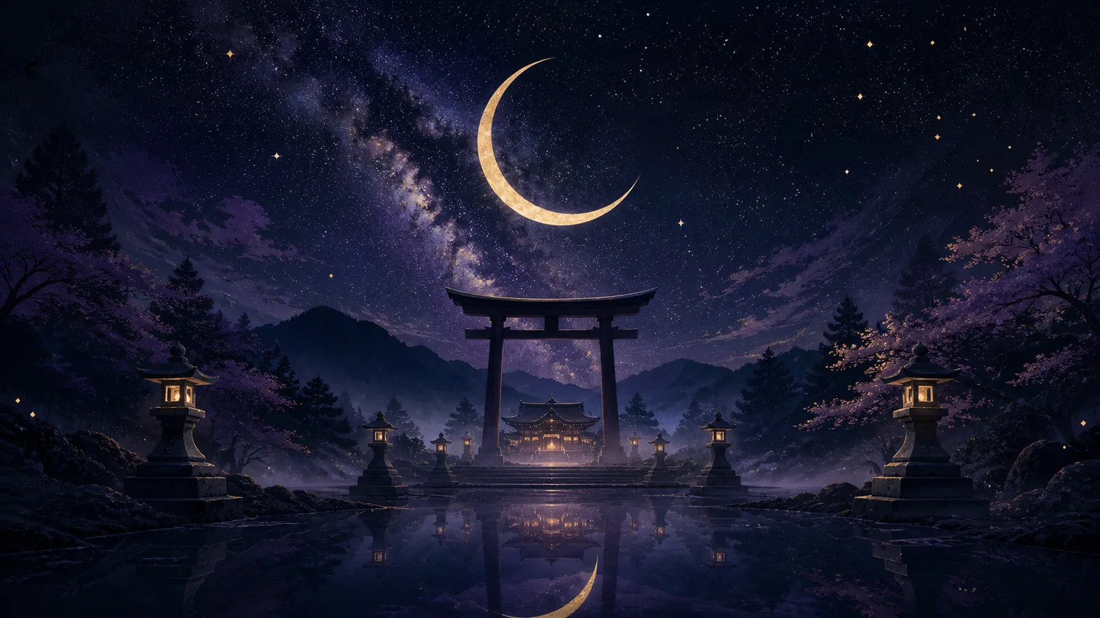 月夜の参道と星空に包まれた幻龍の神社