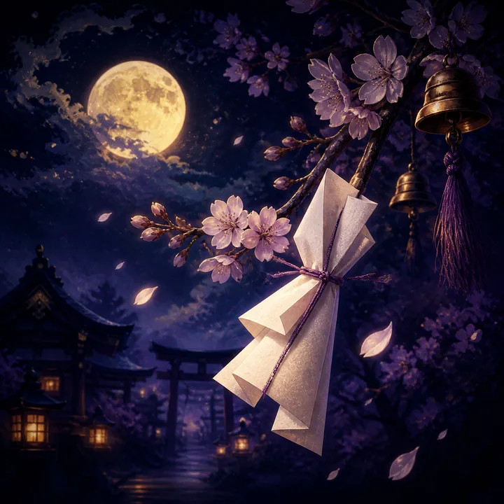 月夜の桜に結ばれたおみくじ